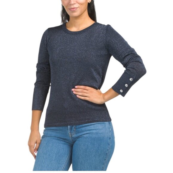 ELIE TAHARI Long Sleeve Crew Neck Metallic Sweater With Button Cuffs - Picture 1 of 3